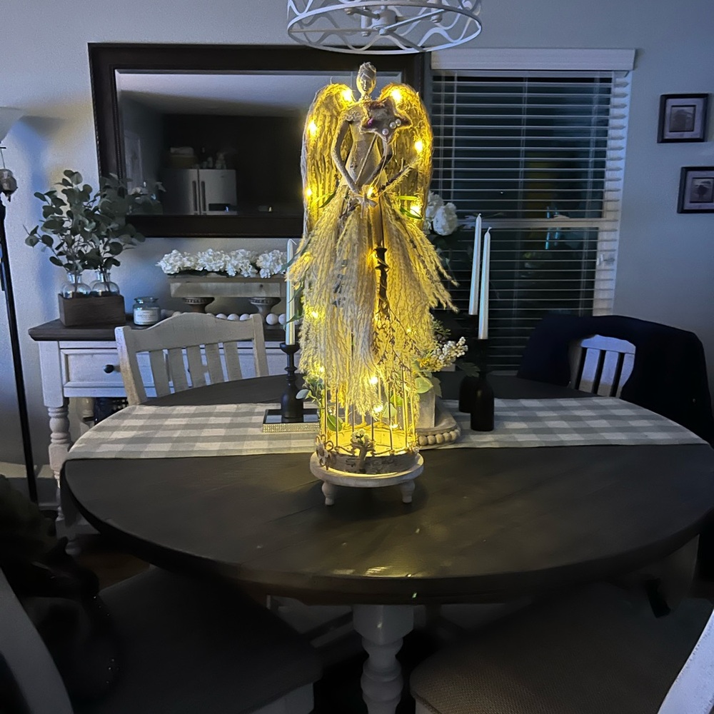 Elegant Feathered Angel Decor with Lights, Gems and Dried Florals.